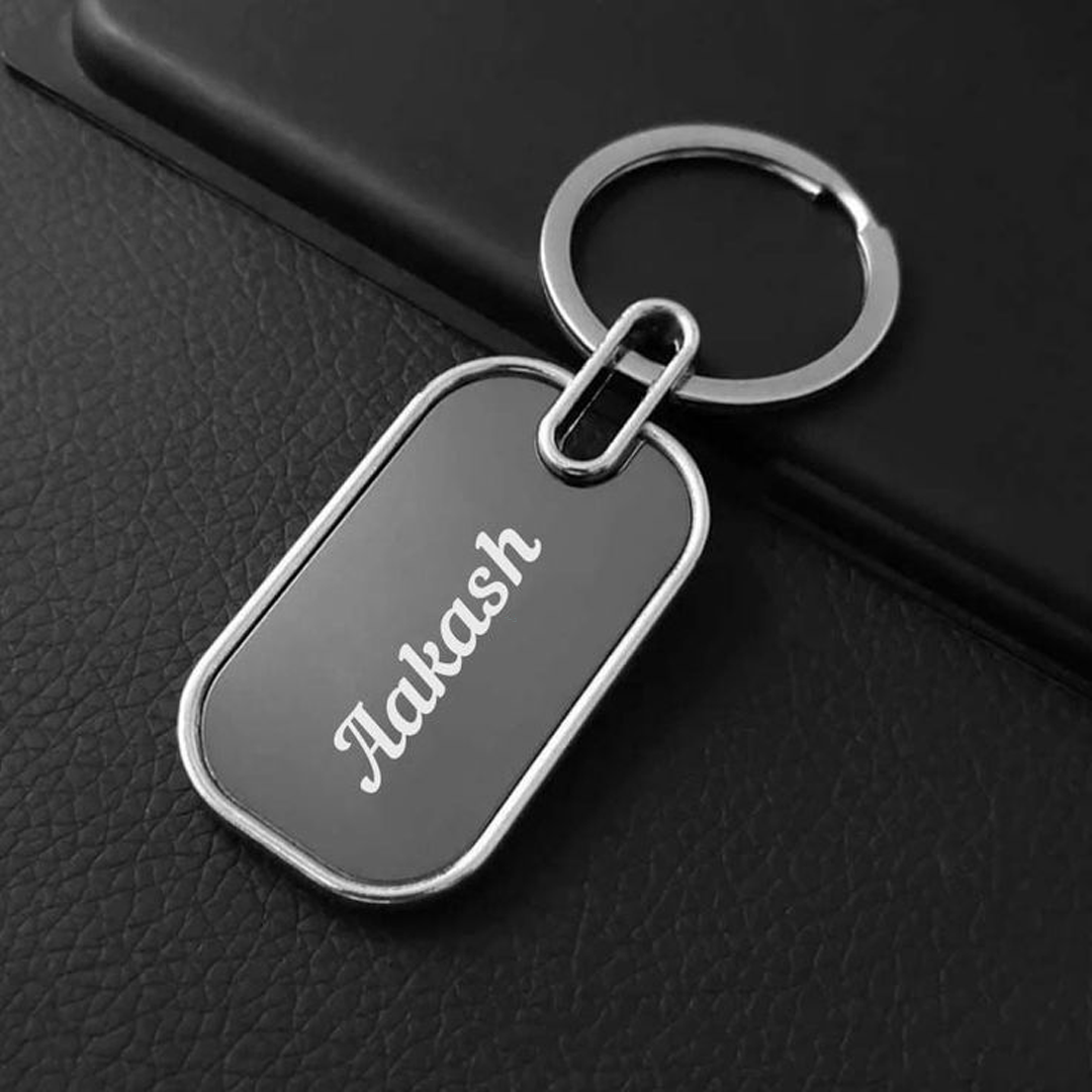 Custom Name Engraved Black Metal Keychain
