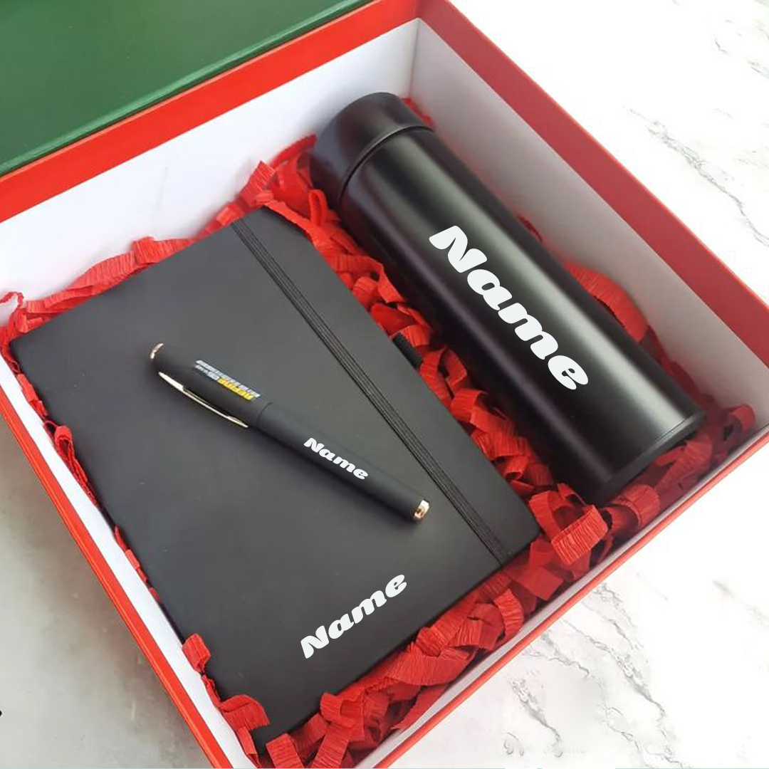 Premium Black Gift Set – Diary, Pen & Bottle Combo | Customizable