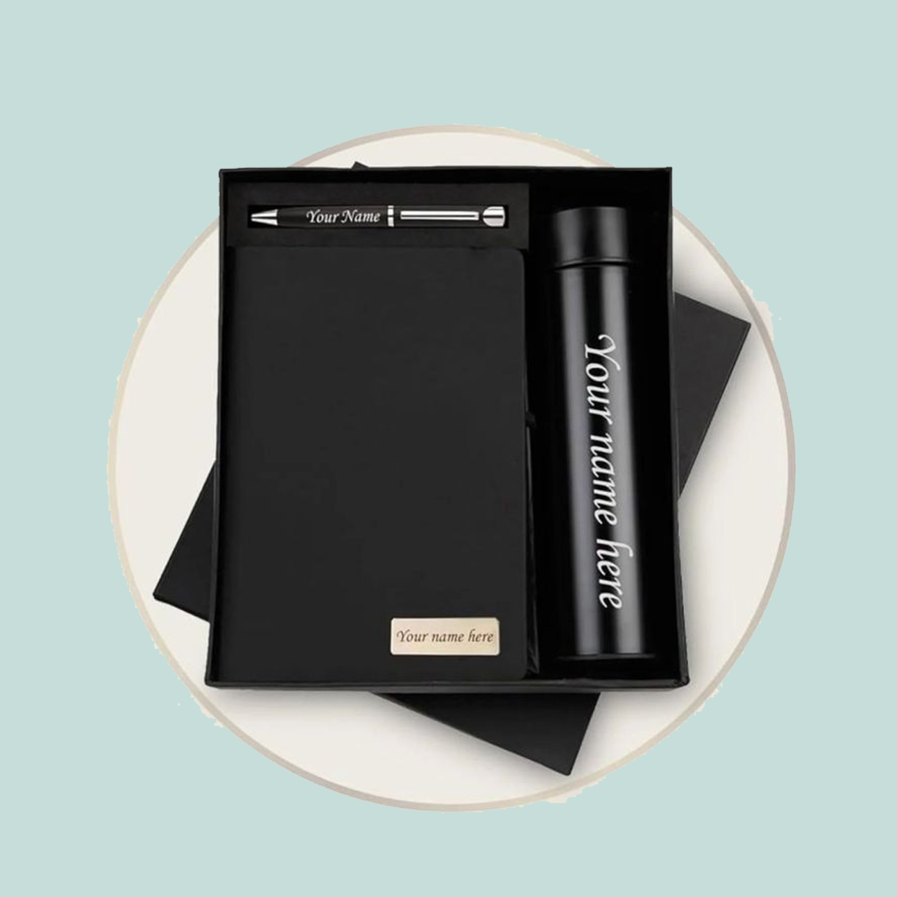 Premium Black Gift Set – Diary, Pen & Bottle Combo | Customizable
