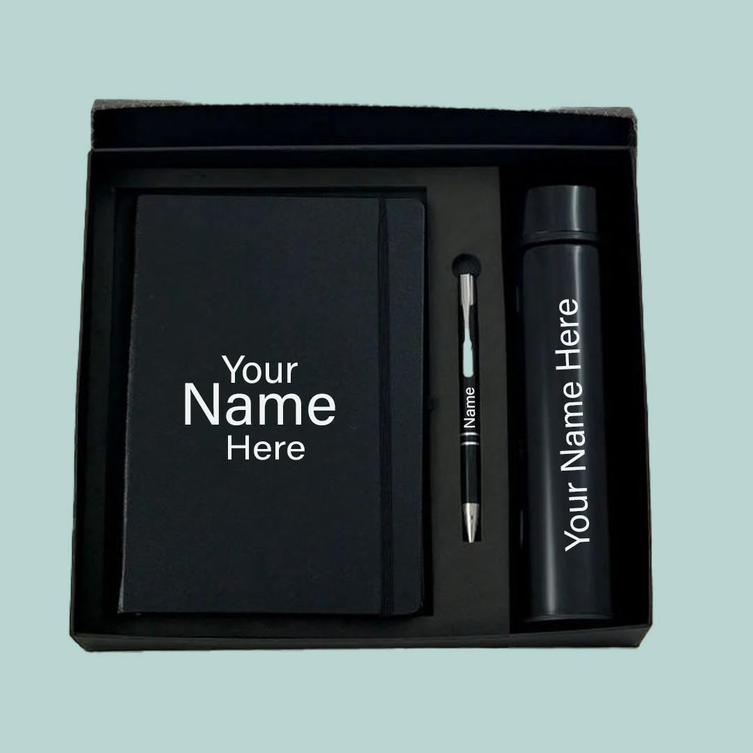 Premium Black Gift Set – Diary, Pen & Bottle Combo | Customizable